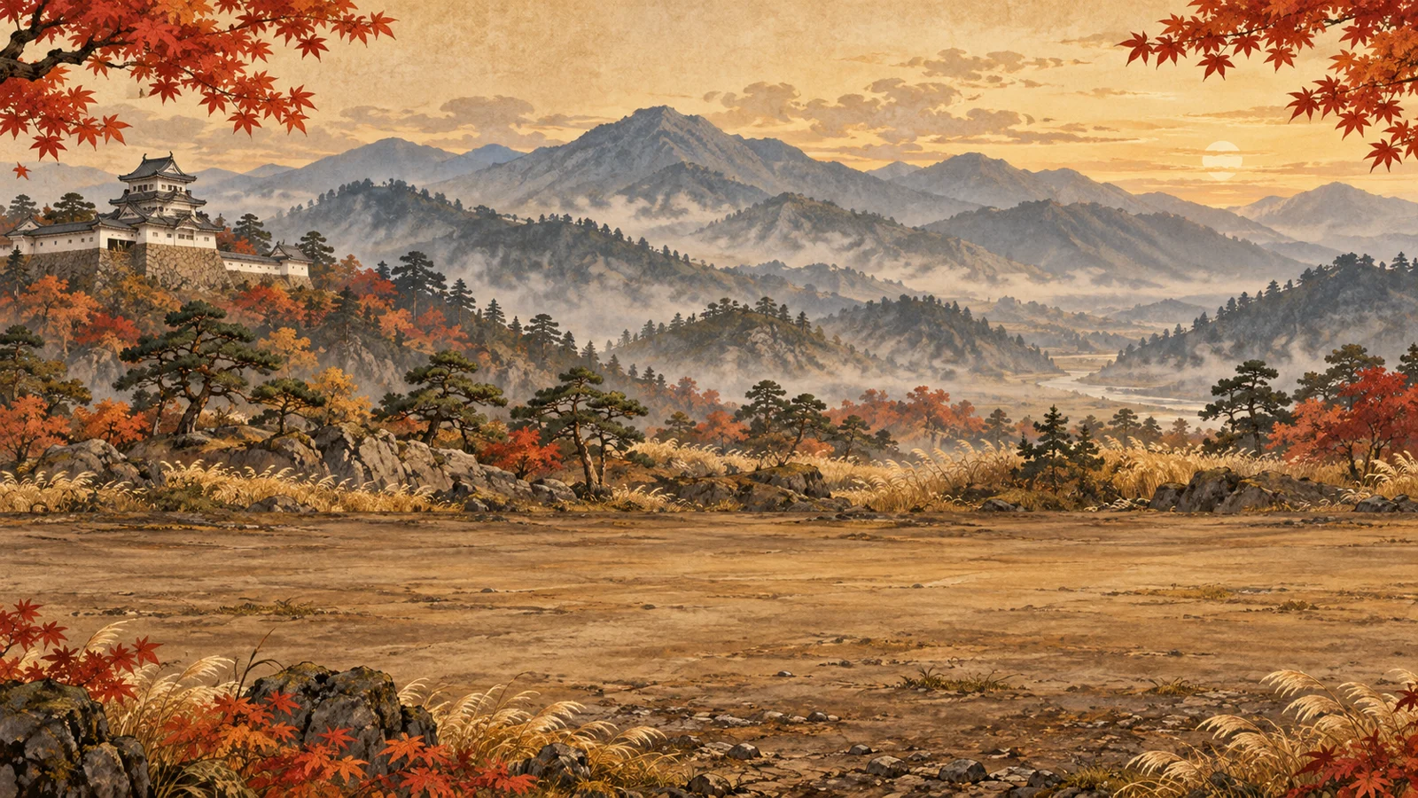 山々と城を描いたゲーム用の秋の戦場イラスト